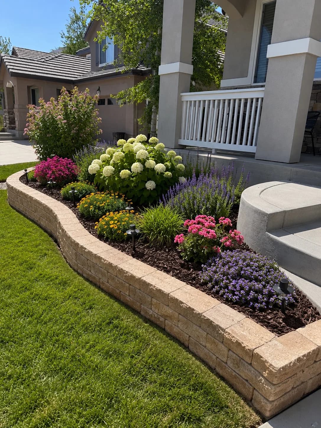 Curved raised planter bed with hydrangeas, lavender, and colorful annuals along a mowed lawn